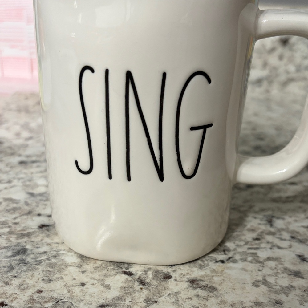Rae Dunn White Ceramic Mug with Black SING
